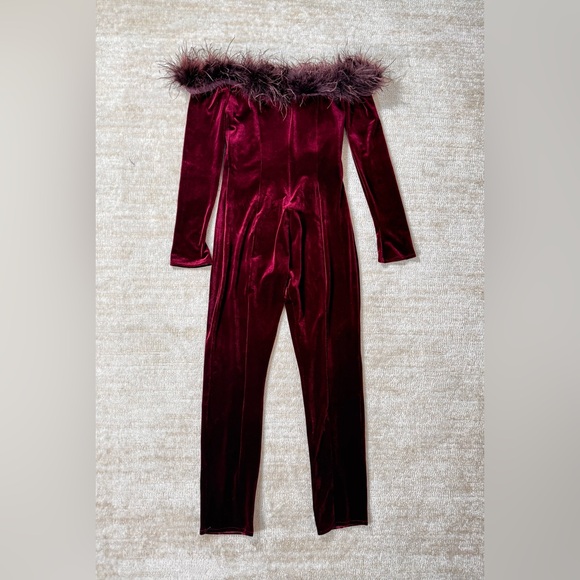 House of CB 'Salima' Dark Cherry Velvet Feather Jumpsuit - Picture 7 of 10